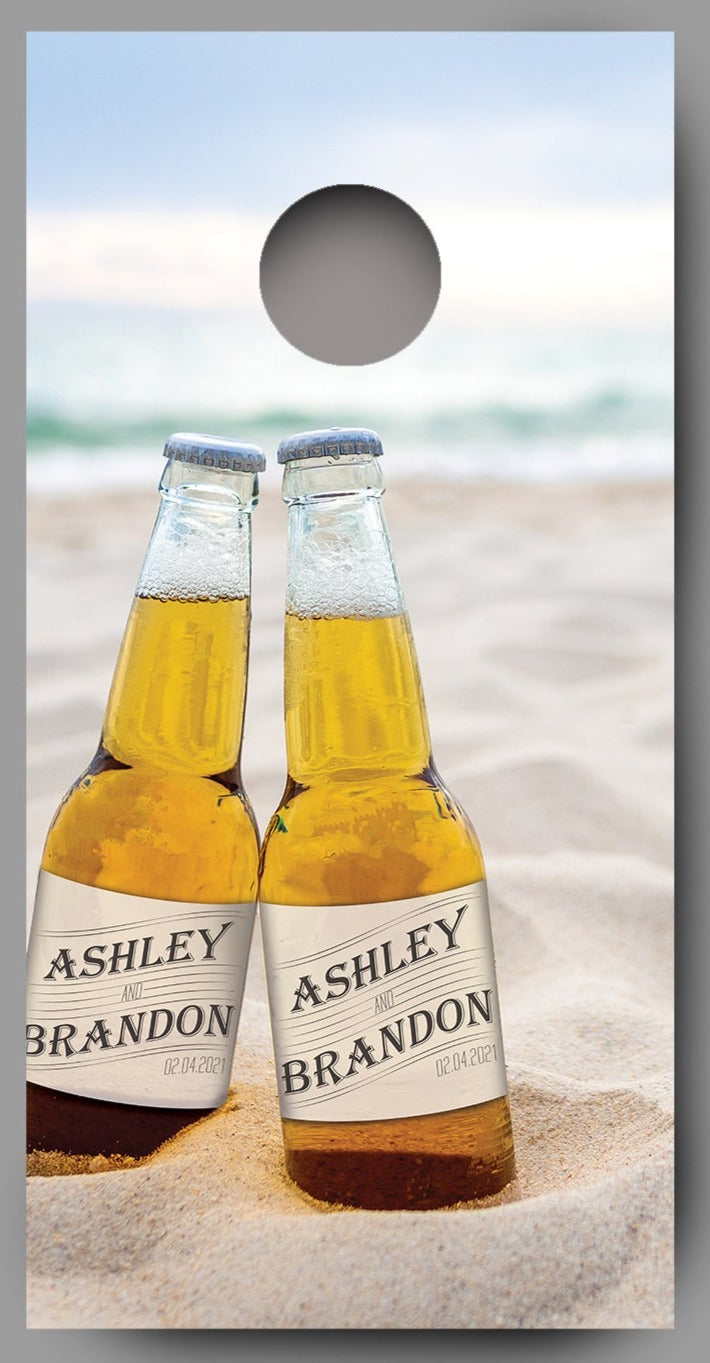 Couples Names Date Beer Bottles Beach Custom Cornhole Wraps single