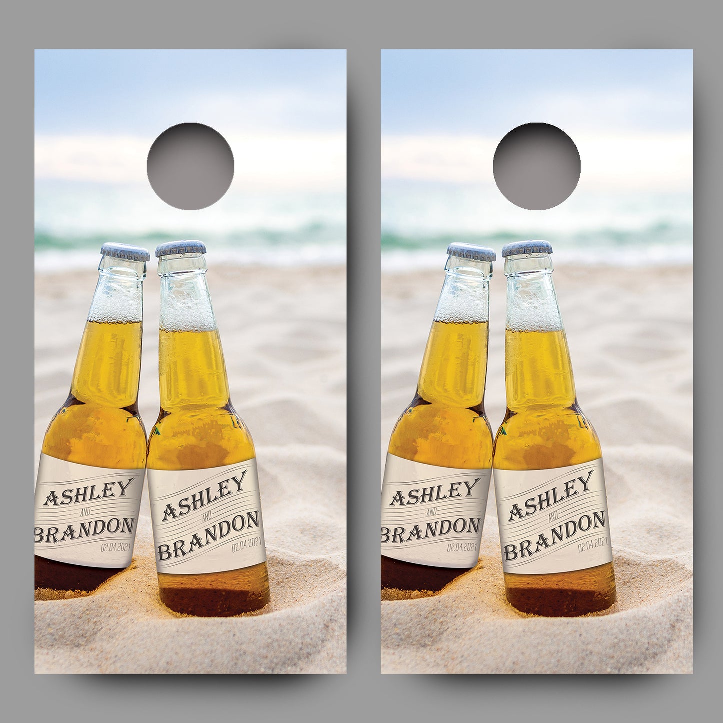 Couples Names Date Beer Bottles Beach Custom Cornhole Wraps set
