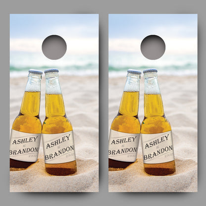 Couples Names Date Beer Bottles Beach Custom Cornhole Wraps set