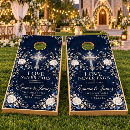 Custom wedding cornhole boards on lawn
