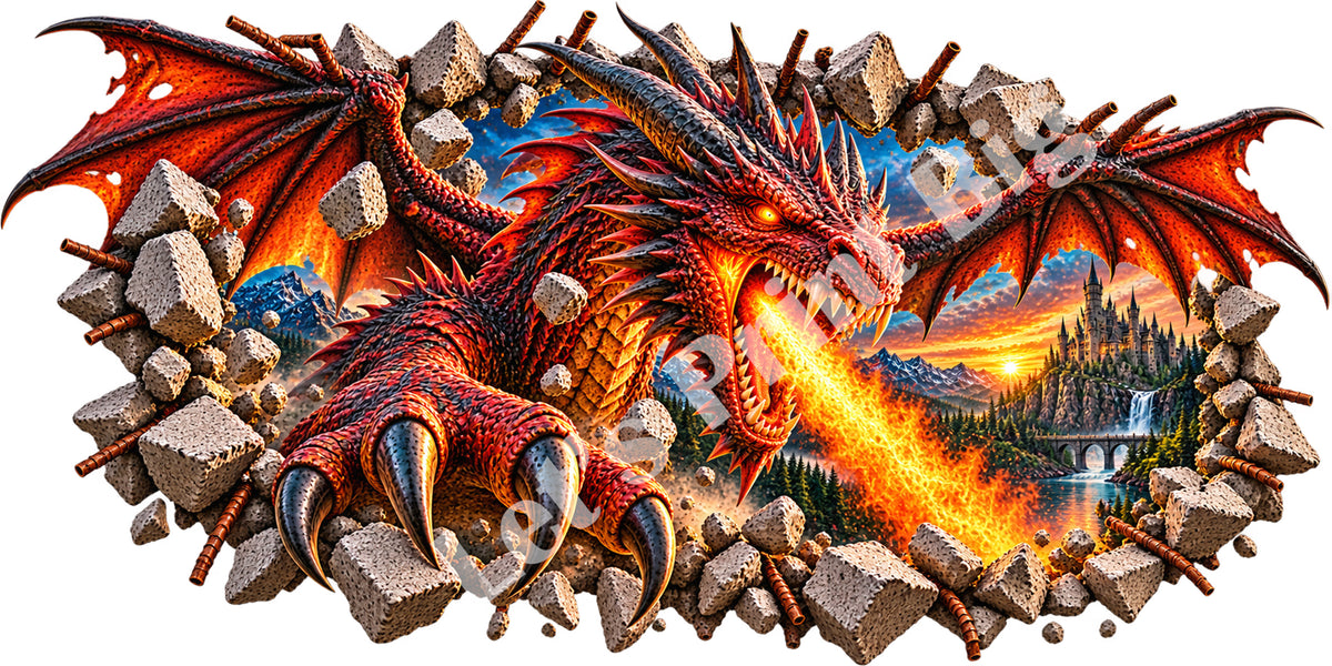 3D Fire-Breathing Dragon Breakthrough Wall Decal – Indoor & Outdoor Premium Vinyl Graphic