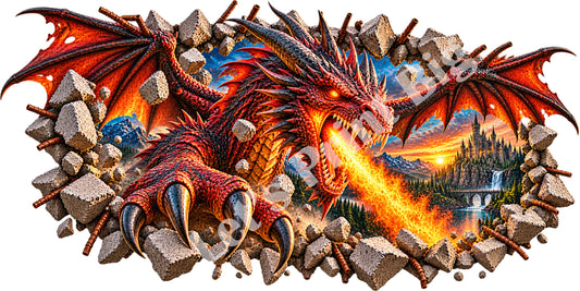 3D Fire-Breathing Dragon Breakthrough Wall Decal – Indoor & Outdoor Premium Vinyl Graphic