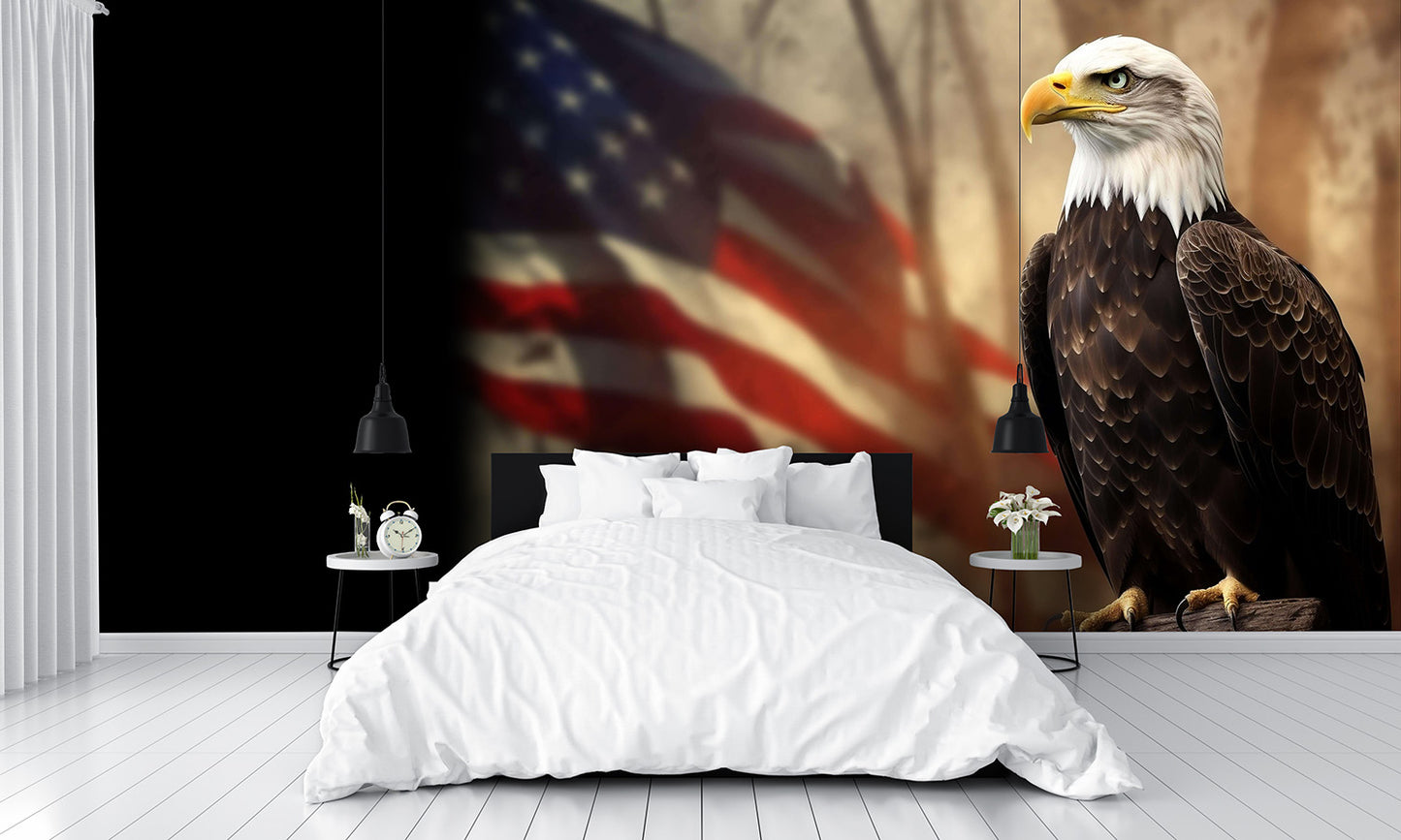 Incredible American Bald Eagle Perched by Flag Wallpaper Mural
