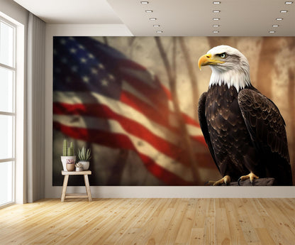 Incredible American Bald Eagle Perched by Flag Wallpaper Mural