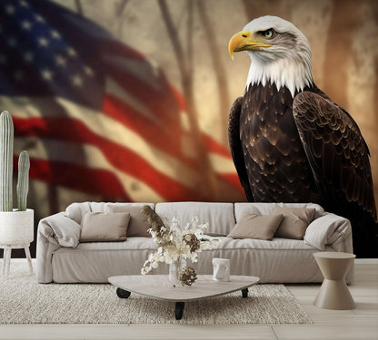 Incredible American Bald Eagle Perched by Flag Wallpaper Mural
