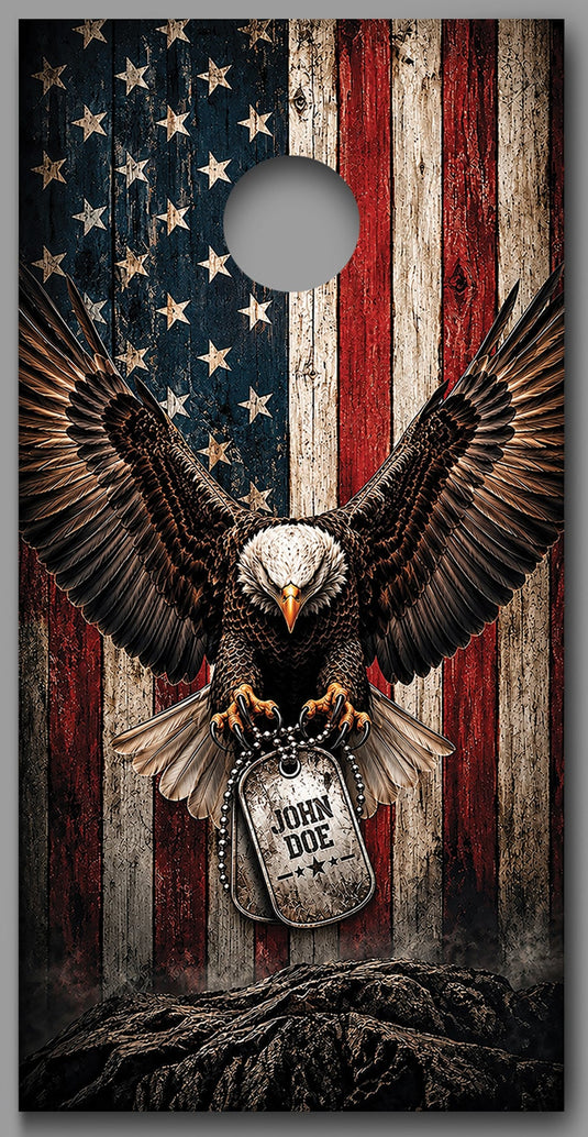 Custom American Eagle dog tag cornhole board wraps with personalized name and patriotic American flag design
