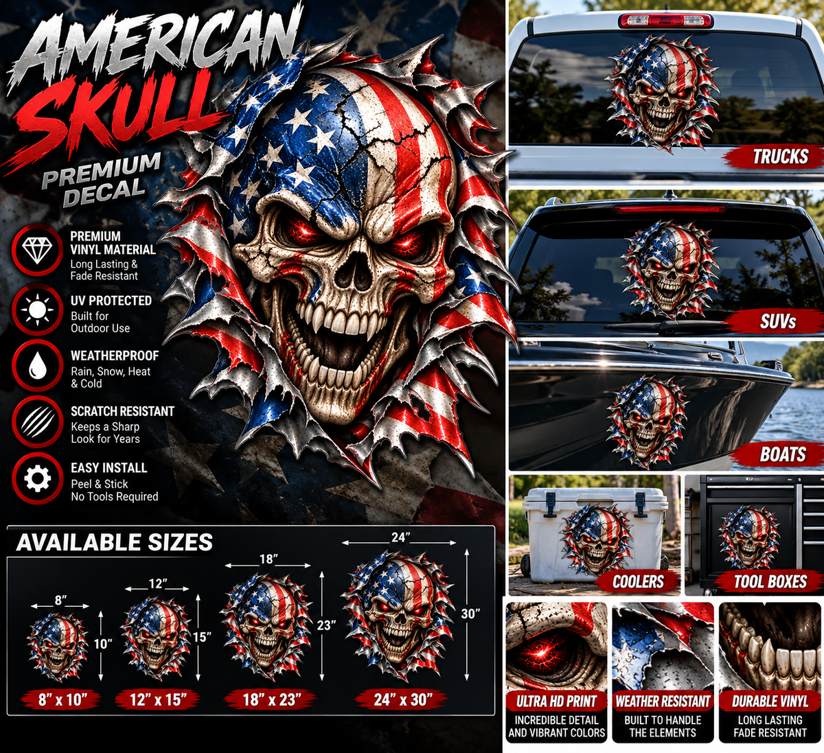 American Flag Skull Metal Rip Premium Contour-Cut Decal
