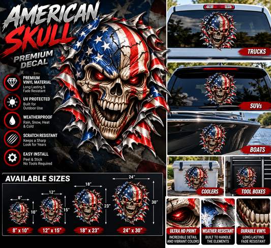 American Flag Skull Metal Rip Premium Contour-Cut Decal