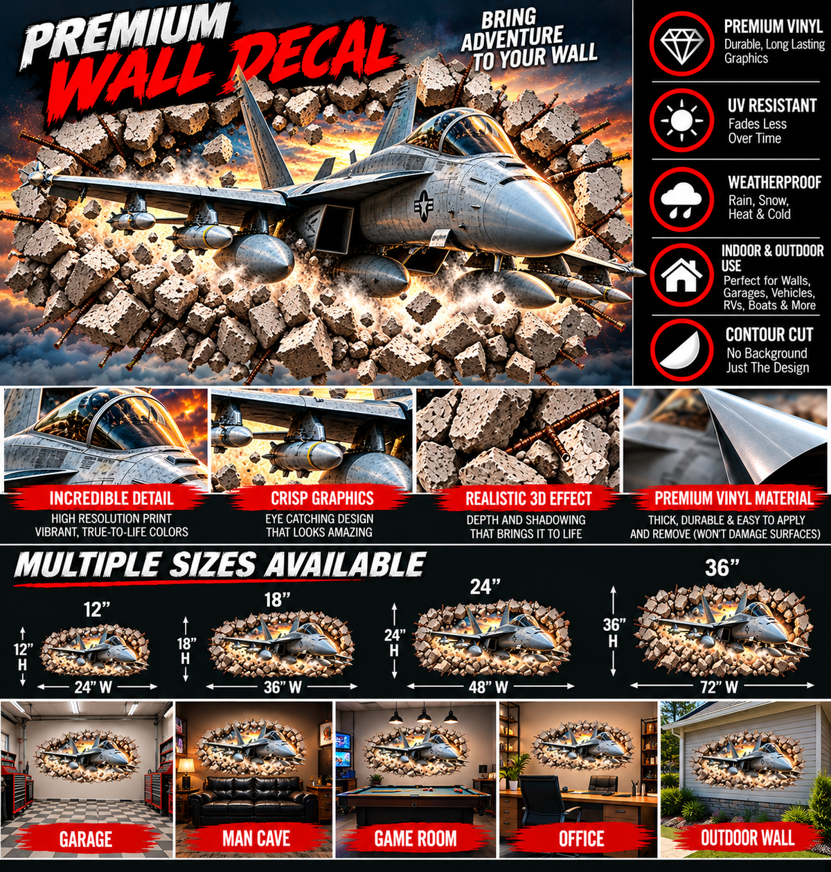 3D Fighter Jet Breakthrough Wall Decal – Indoor & Outdoor Premium Vinyl Graphic
