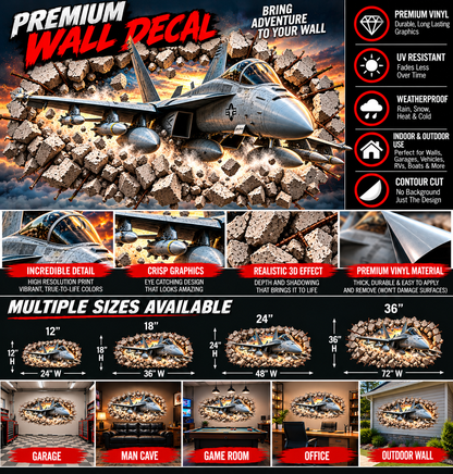 3D Fighter Jet Breakthrough Wall Decal – Indoor & Outdoor Premium Vinyl Graphic