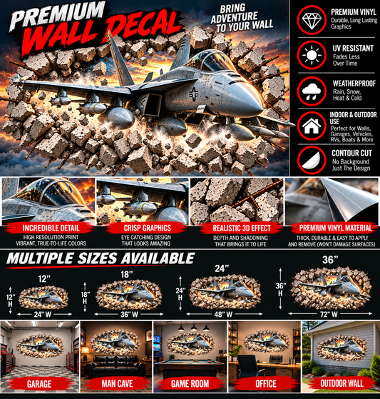 3D Fighter Jet Breakthrough Wall Decal – Indoor & Outdoor Premium Vinyl Graphic