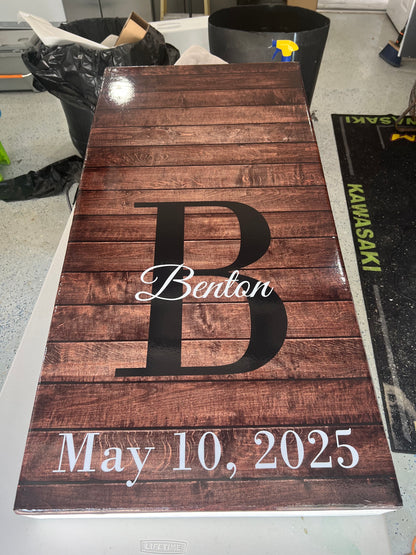 Custom Name and Date on Wood Cornhole Board Decal Wraps