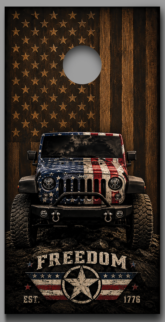 Jeep American Flag Burnt Wood Design Corn hole Decal Wraps