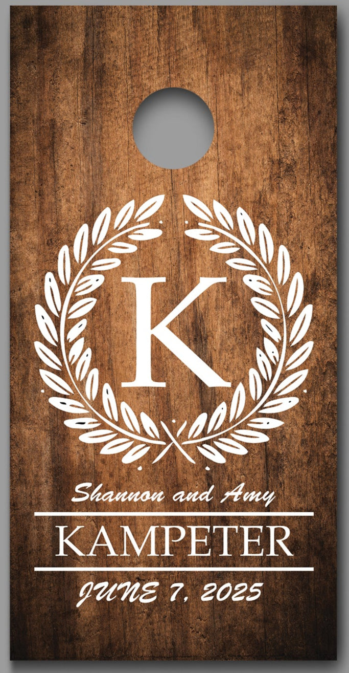 Custom Monogram with Names and Date on Dark Wood Grain Cornhole Decal Wraps