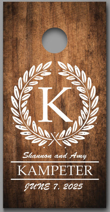 Custom Monogram with Names and Date on Dark Wood Grain Cornhole Decal Wraps