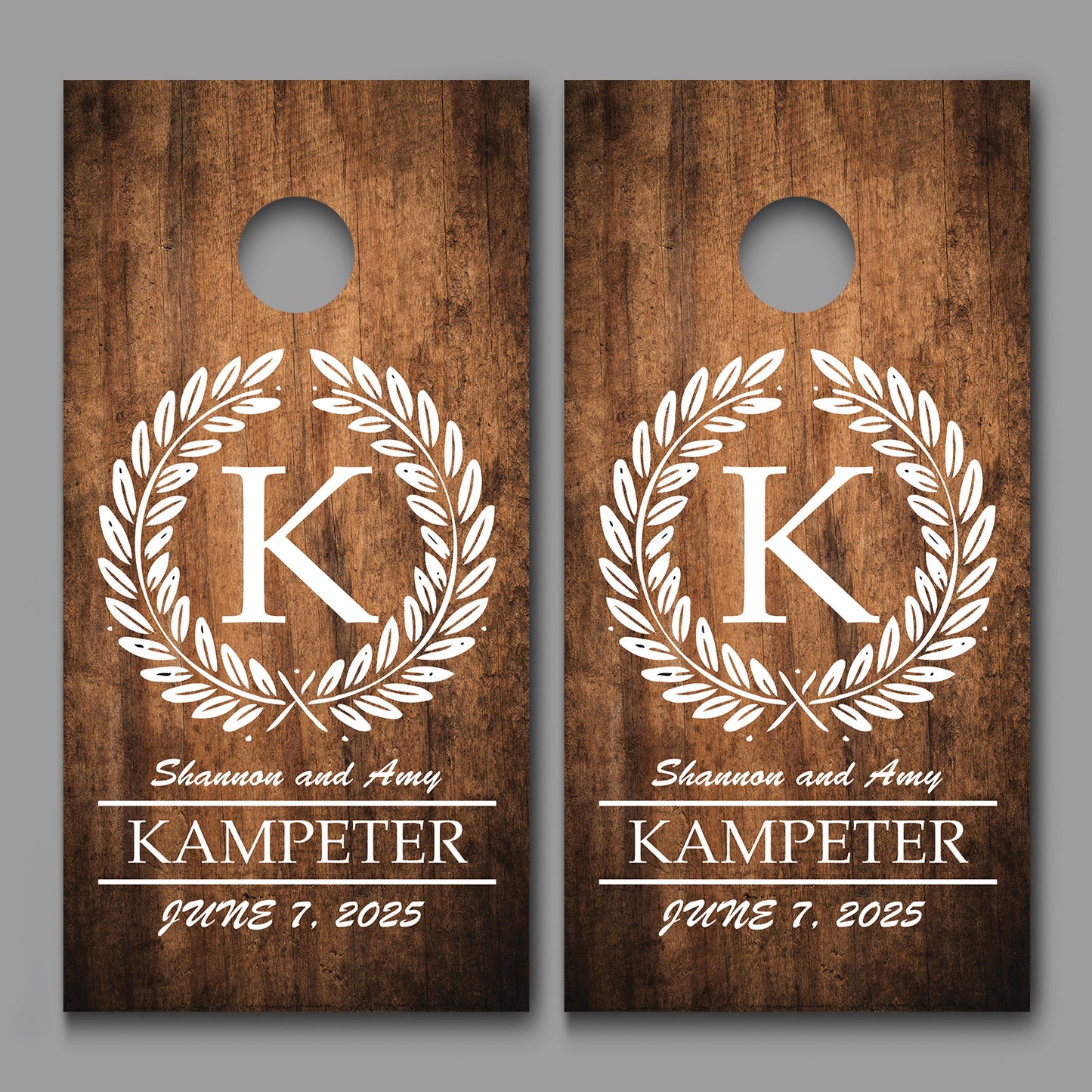 Custom Monogram with Names and Date on Dark Wood Grain Cornhole Decal Wraps