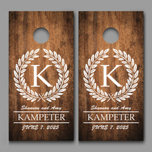 Custom Monogram with Names and Date on Dark Wood Grain Cornhole Decal Wraps
