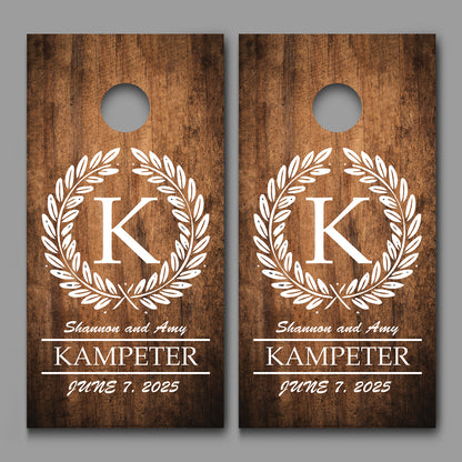 Custom Monogram with Names and Date on Dark Wood Grain Cornhole Decal Wraps