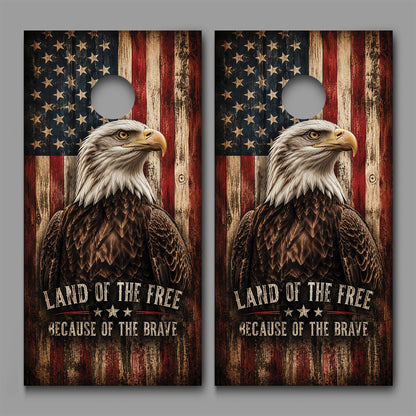 Land of the Free Because of the Brave Eagle American Flag Cornhole Board Decal Wrap