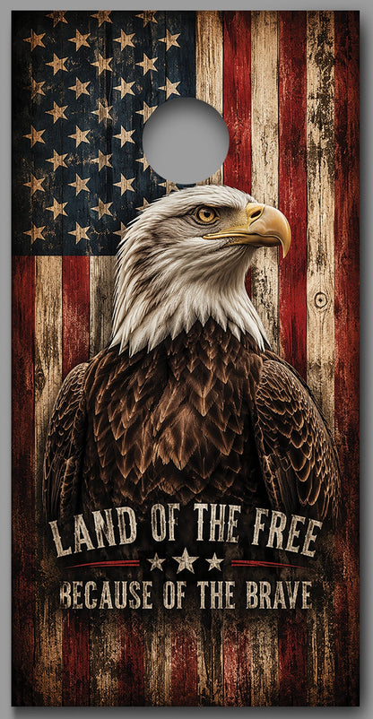 Land of the Free Because of the Brave Eagle American Flag Cornhole Board Decal Wrap