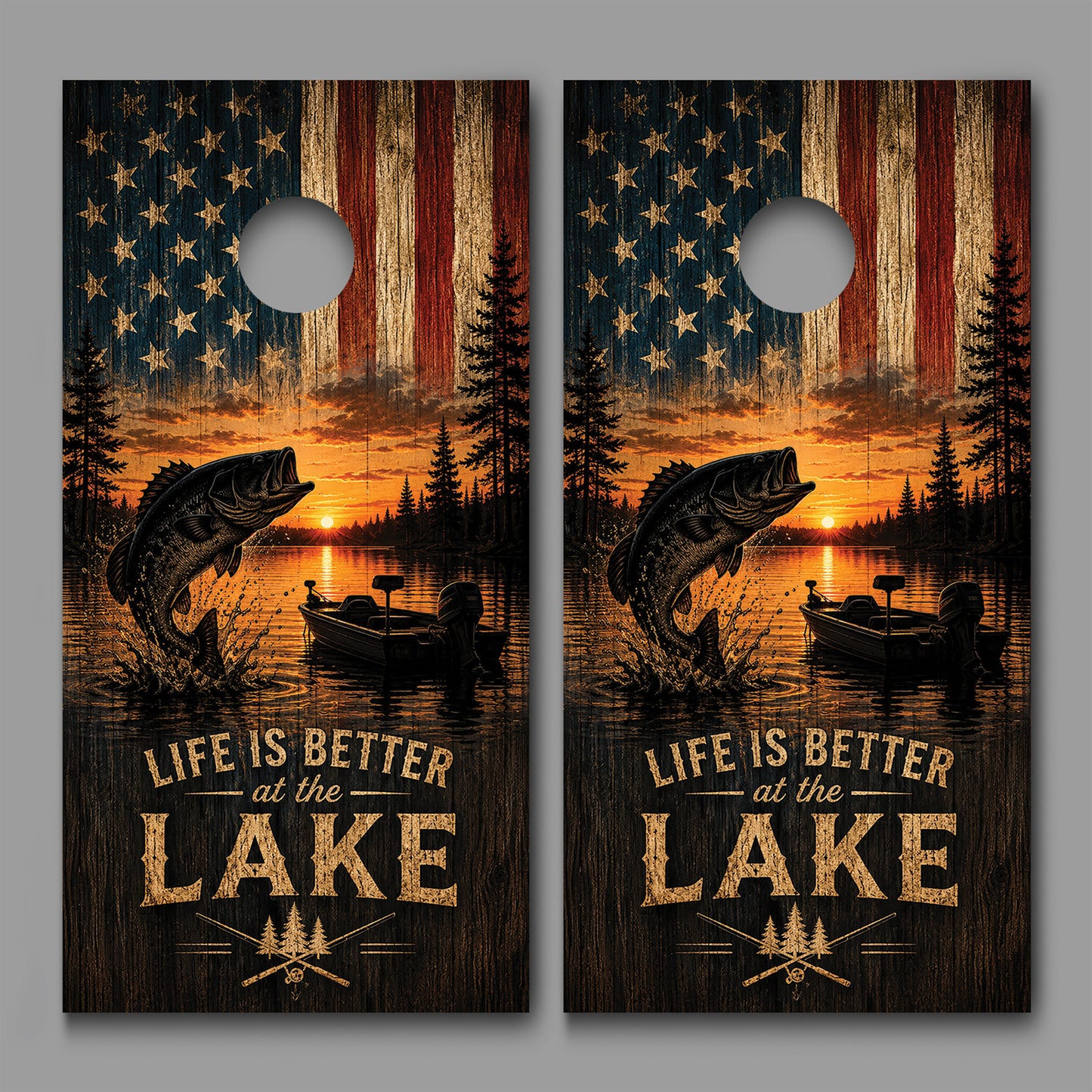 Life is Better at the Lake Fishing American Flag Cornhole Board Decal Wrap