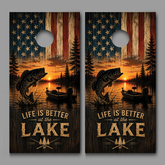 Life is Better at the Lake Fishing American Flag Cornhole Board Decal Wrap