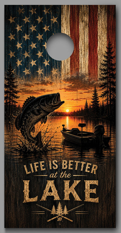 Life is Better at the Lake Fishing American Flag Cornhole Board Decal Wrap