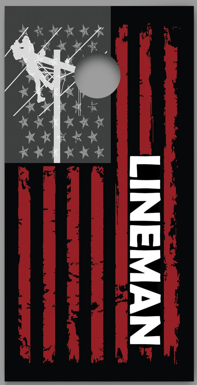 Lineman Red Stripes American Flag Gray Stars Corn Hole Board Decal Wrap