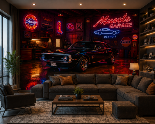 Retro Neon Muscle Garage Wall Mural
