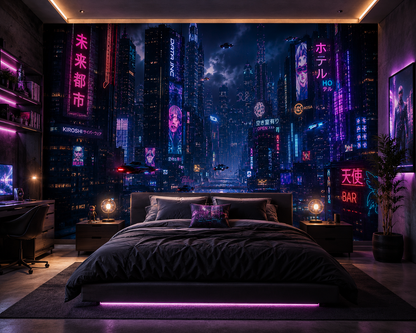 Futuristic Cyberpunk Skyline Wall Mural