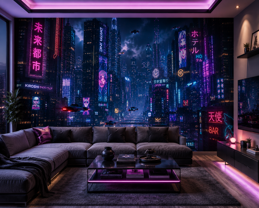 Futuristic Cyberpunk Skyline Wall Mural