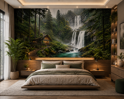 Misty Forest Waterfall Retreat Wall Mural