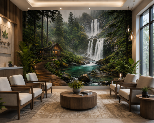 Misty Forest Waterfall Retreat Wall Mural