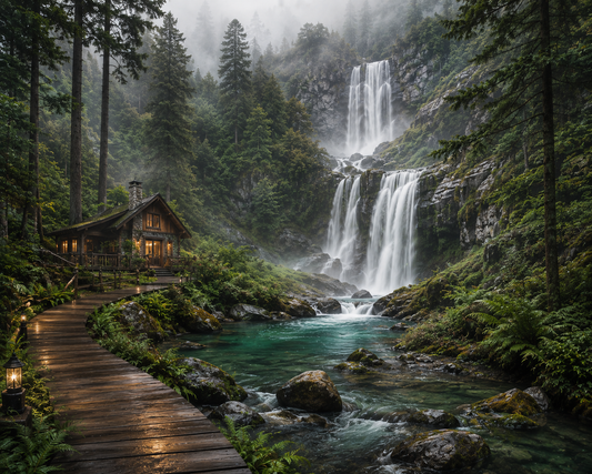 Misty Forest Waterfall Retreat Wall Mural
