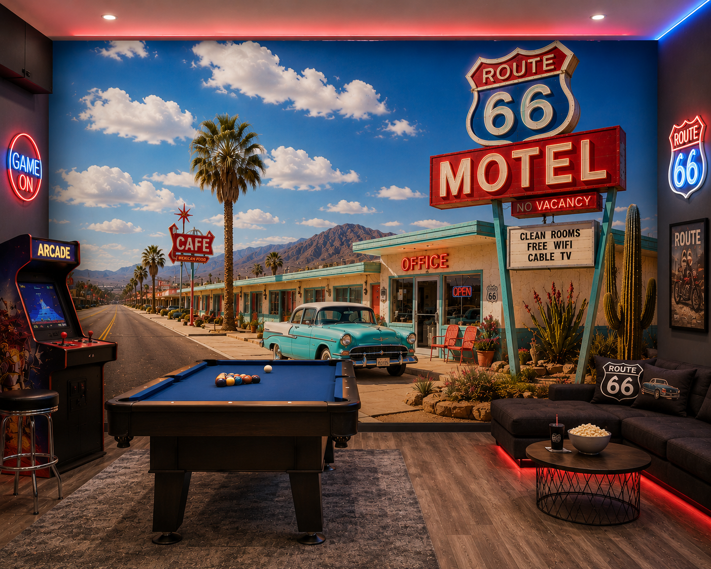 Classic Route 66 Neon Motel Wall Mural