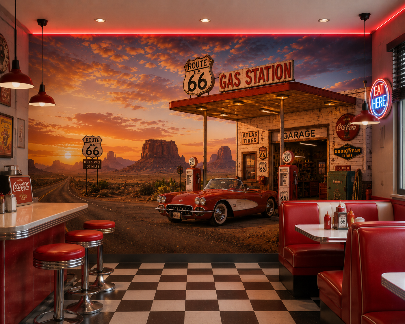 Route 66 Desert Gas Station Wall Mural