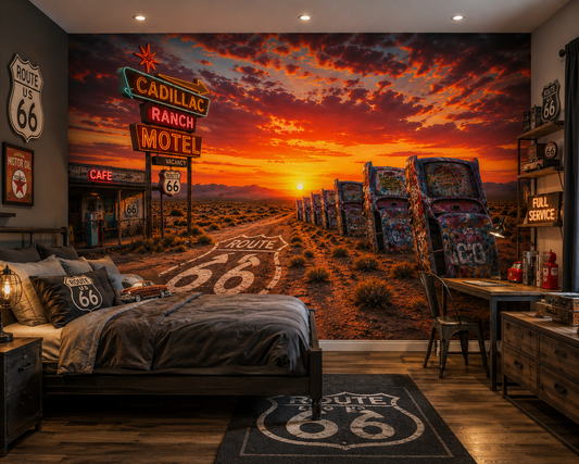Route 66 Cadillac Ranch Sunset Wall Mural