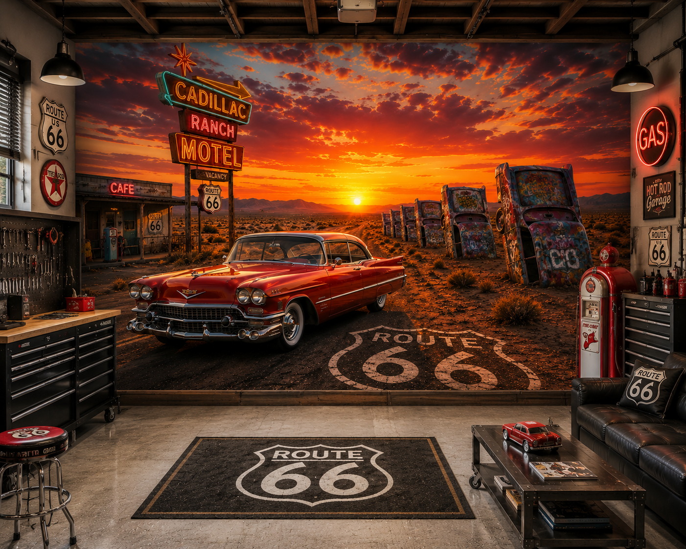 Route 66 Cadillac Ranch Sunset Wall Mural