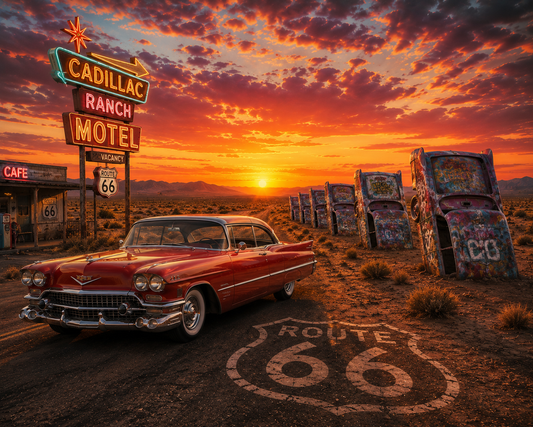 Route 66 Cadillac Ranch Sunset Wall Mural