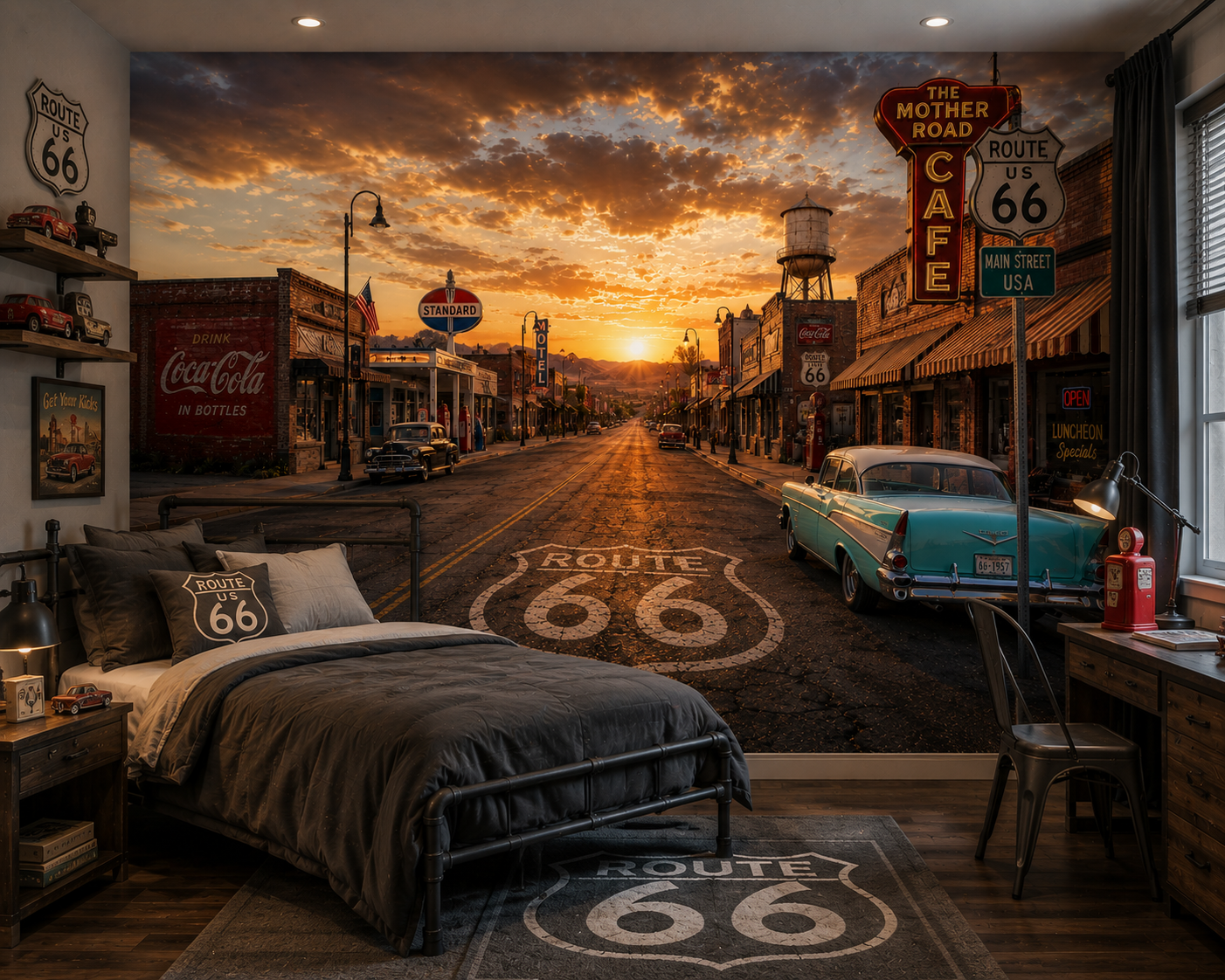Route 66 Small Town Main Street Wall Mural