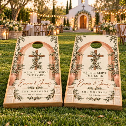 Matching Christian wedding cornhole boards