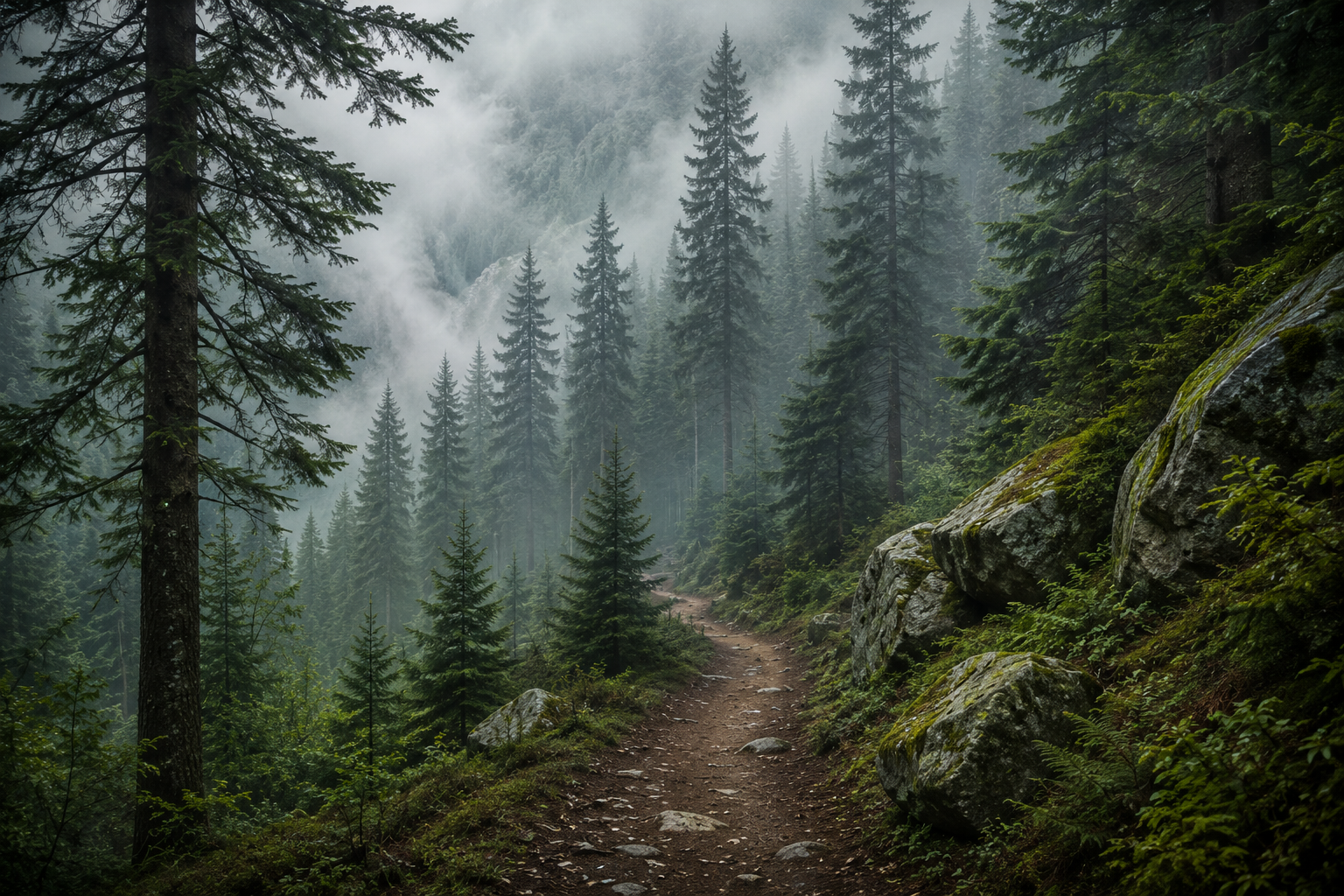 Misty Pine Forest Trail Wall Mural