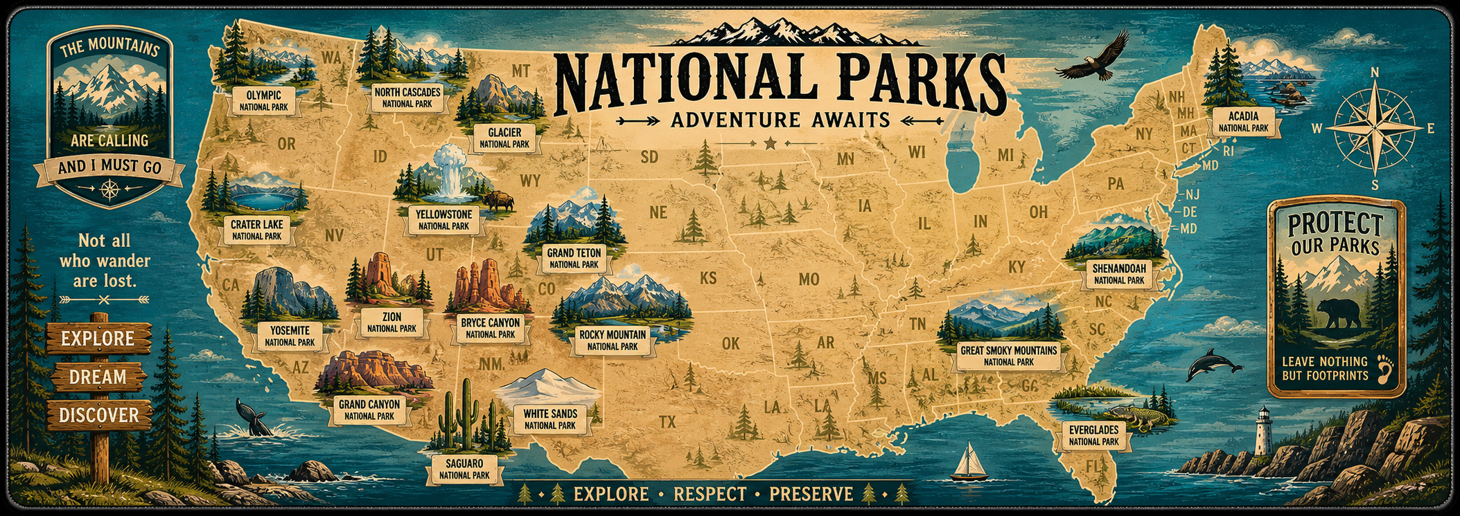 National Park Adventure Map Desk Mat