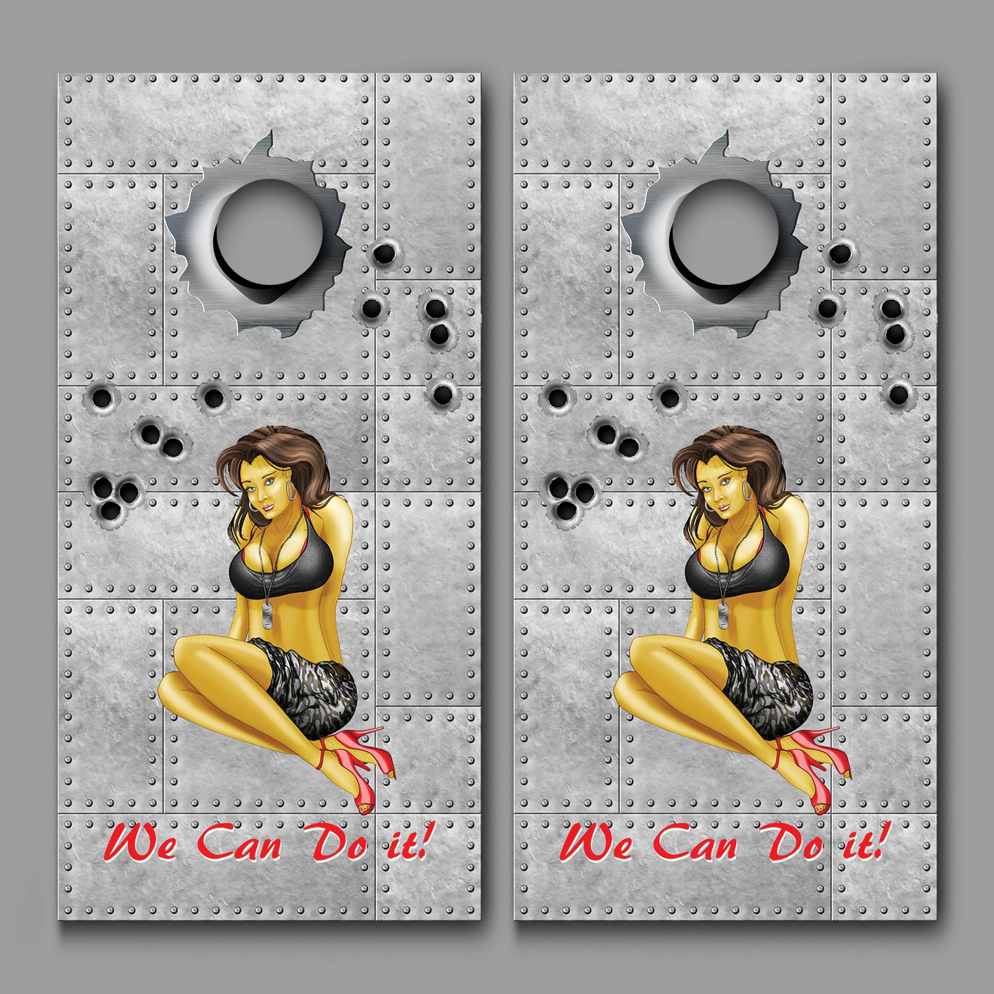 Pin Up Girl We Can Do It Design Cornhole Board Decal Wraps