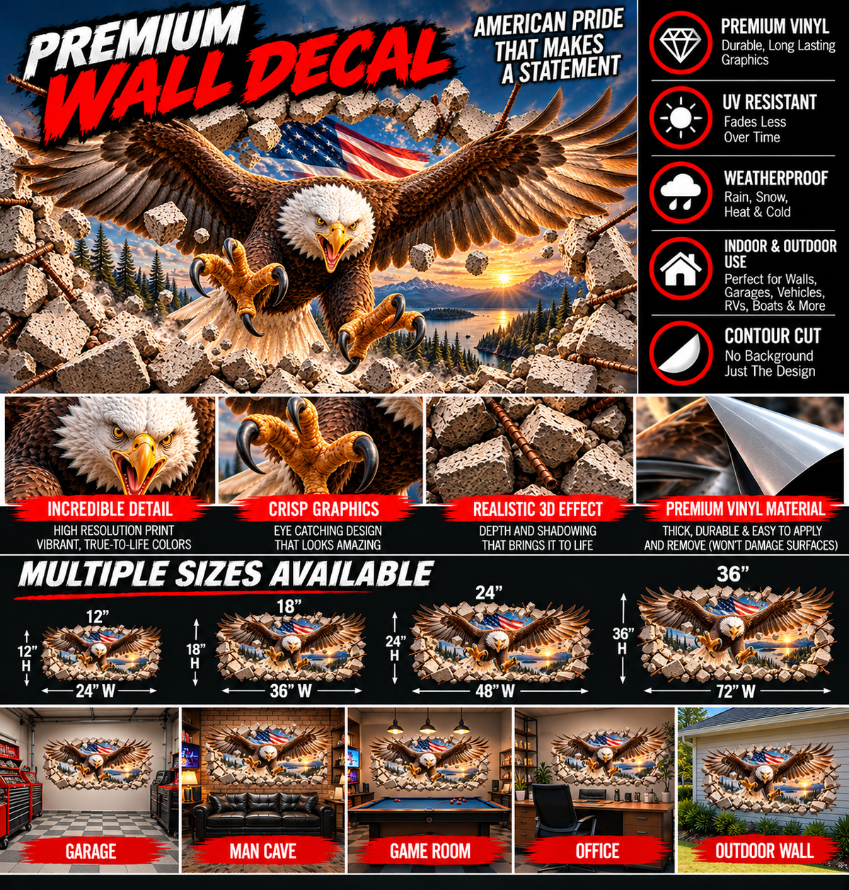 3D Bald Eagle Breakthrough Wall Decal – Patriotic Indoor & Outdoor Vinyl Graphic
