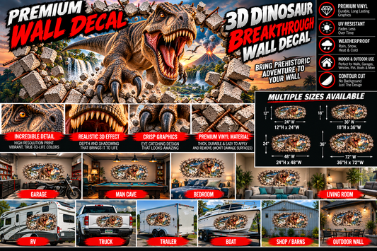 3D T-Rex Dinosaur Breakthrough Wall Decal – Indoor & Outdoor Premium Vinyl Graphic