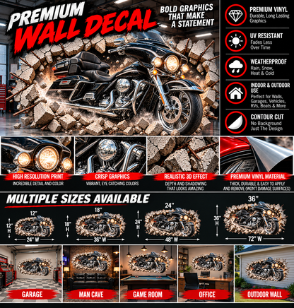 3D Touring Motorcycle Breakthrough Wall Decal – Indoor & Outdoor Premium Vinyl Graphic