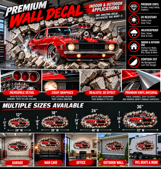 3D Muscle Car Breakthrough Wall Decal – Indoor & Outdoor Premium Vinyl Graphic