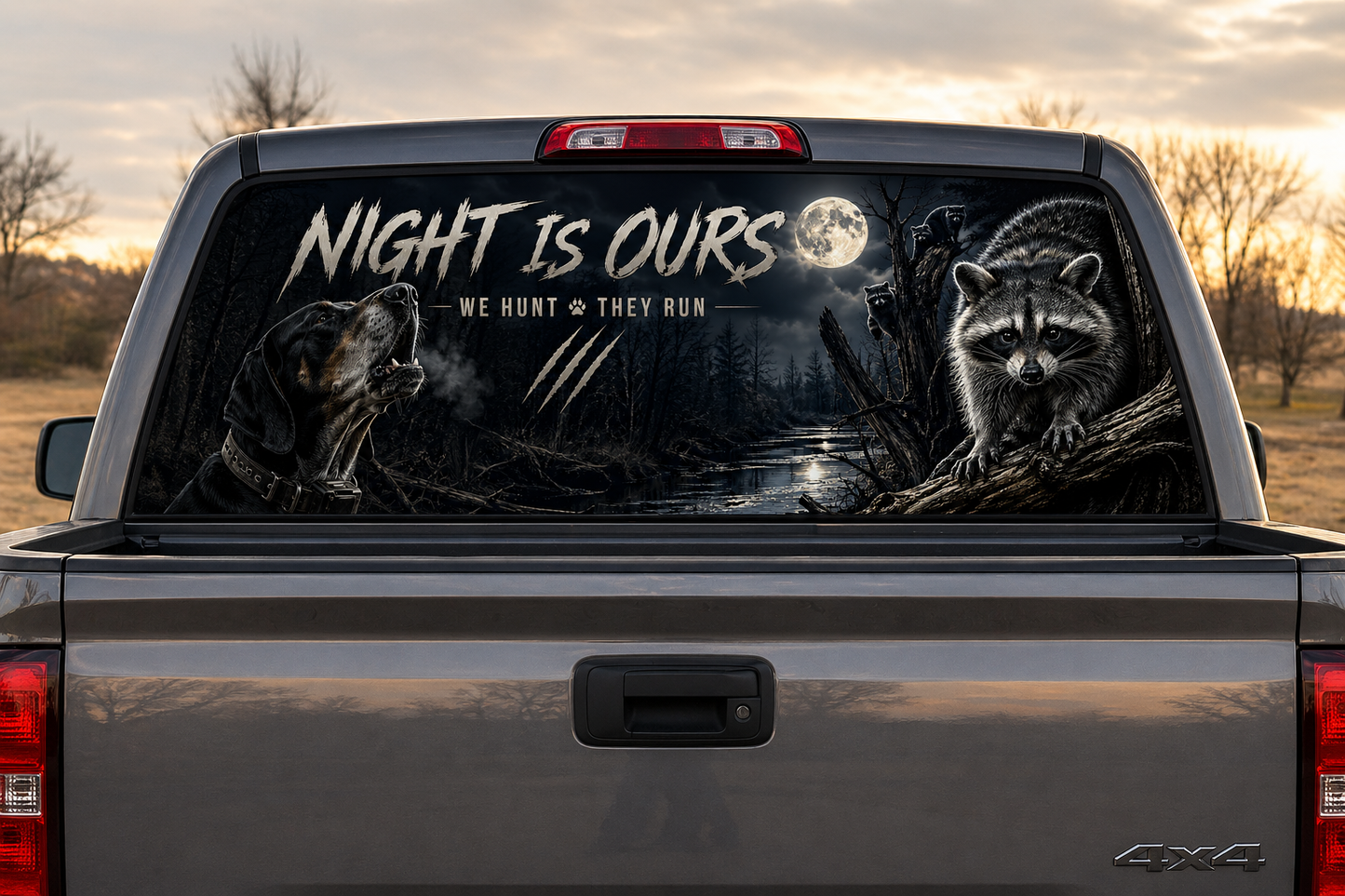 Raccoon Hunter Dog Themed Rear See Through Window Graphic