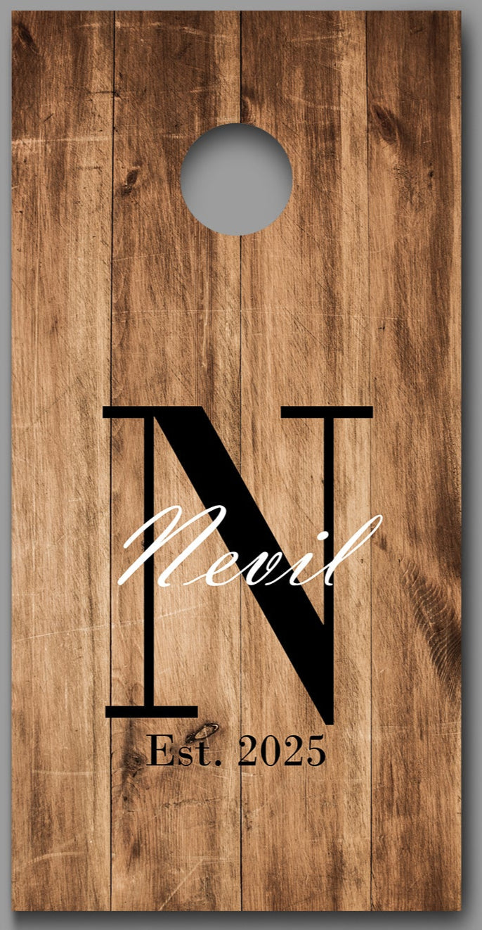 Custom Name, Initial and Date on Aged Wood Cornhole Board Decal Wraps